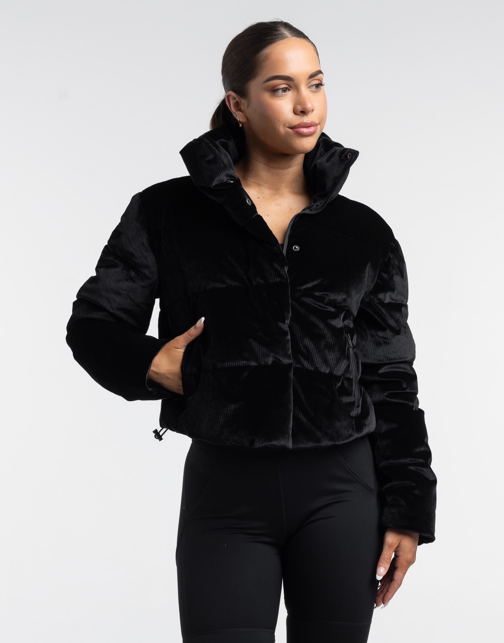 Velour Puffer Jacket in Black Luxe Velvet Insulated Water Resistant Jacket