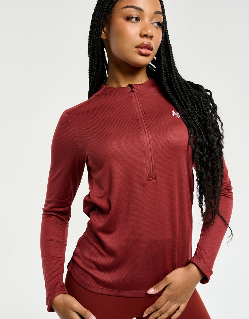 Velocity Quarter Zip Running Top in Brown Breathable, Lightweight Long Sleeve for Runners