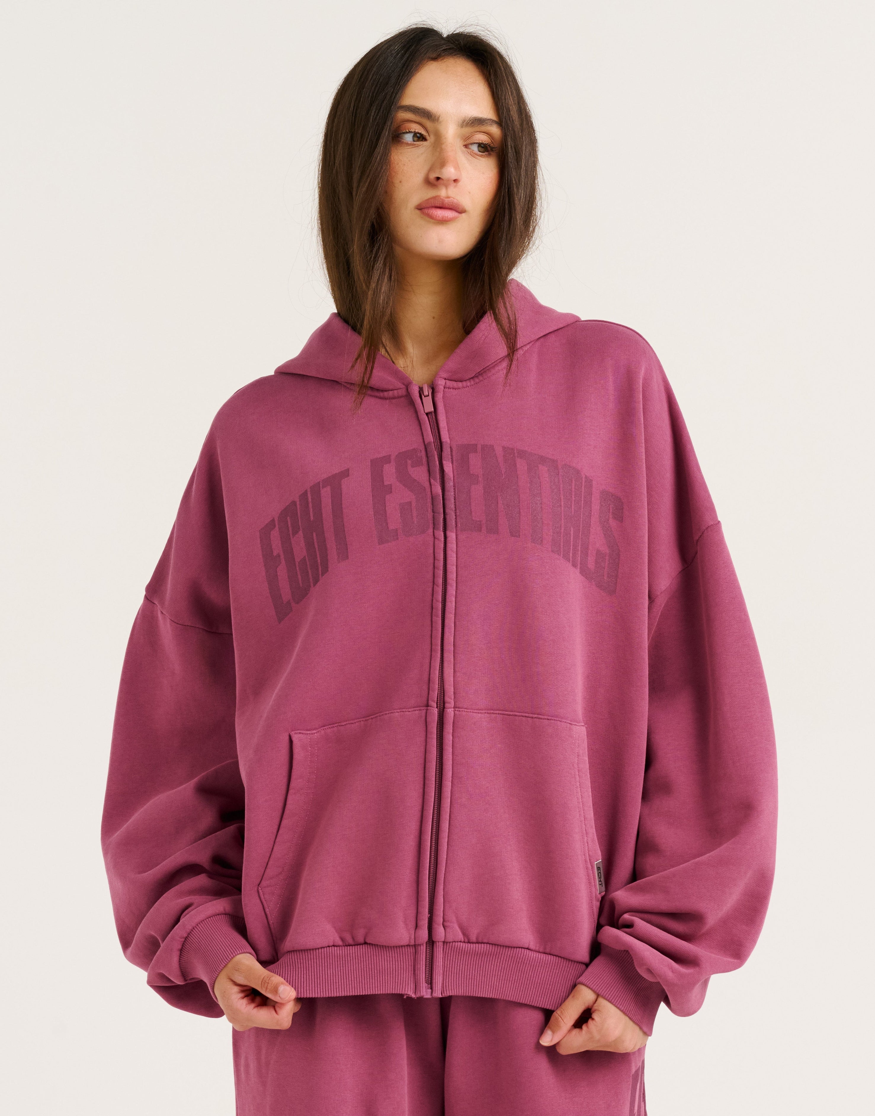 College Combed Fleece Zip-Up Hoodie - Plum
