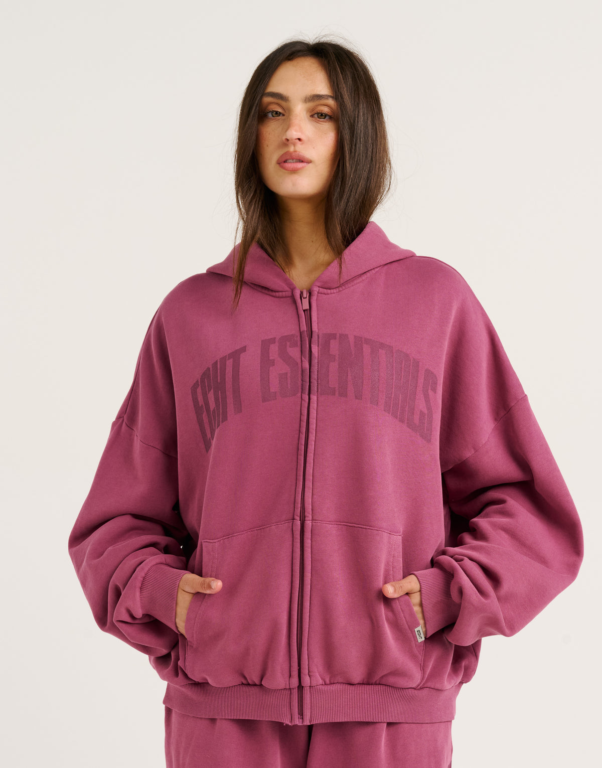 College Combed Fleece Zip-Up Hoodie - Plum
